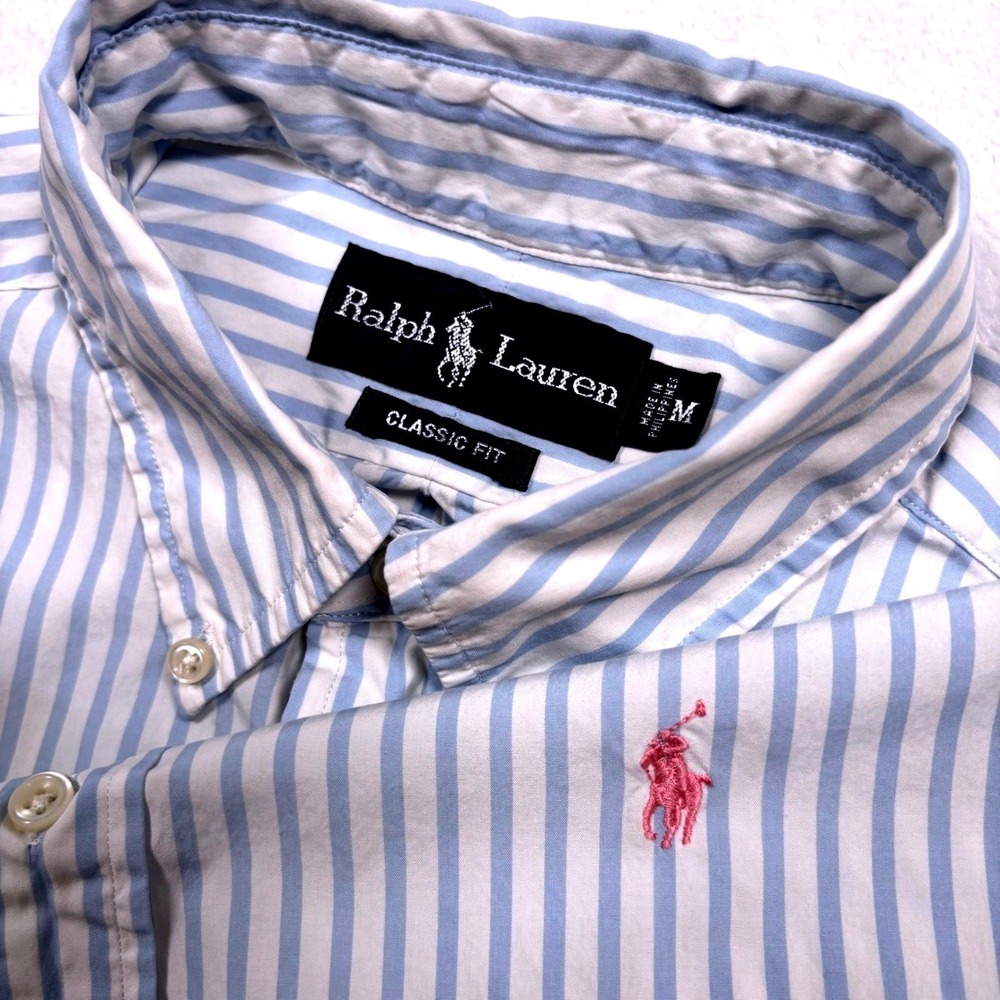 Polo Ralph Lauren Button Shirt Men M Blue White Striped Classic Pink Pony Preppy